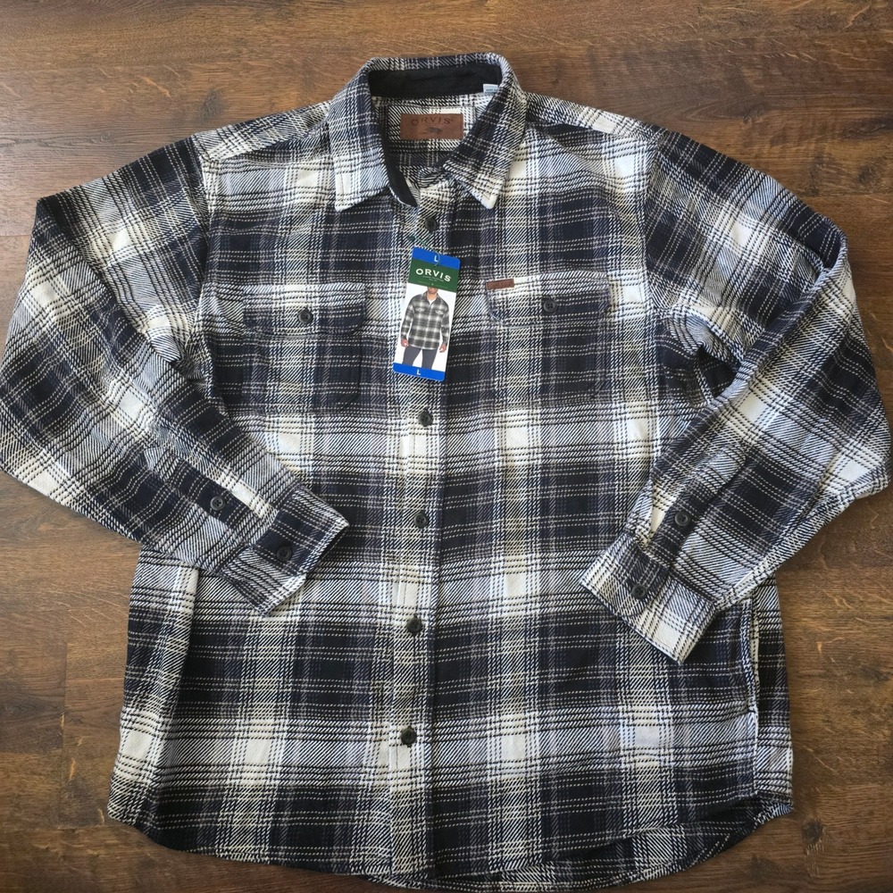 New Orvis Men Gray Black Plaid Flannel Button Down Shirt Fleece Lined Collar L